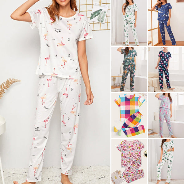 Rigidemand Women Short Sleeve Tops+Pants Round Neck Loungewear Sleepwear Outfit Graphic Print Pajama Set