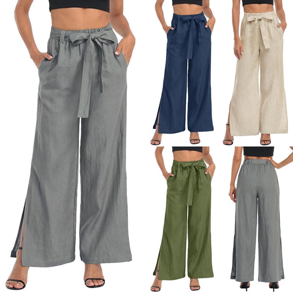 Rigidemand Women Side Slit Wide Leg Loungewear Solid Color Casual Bottoms High Waisted Summer Palazzo Pants