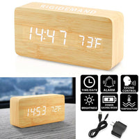 Rigidemand Wooden Digital Alarm Clock LED Desk Temperature Voice Control Modern Home Decor