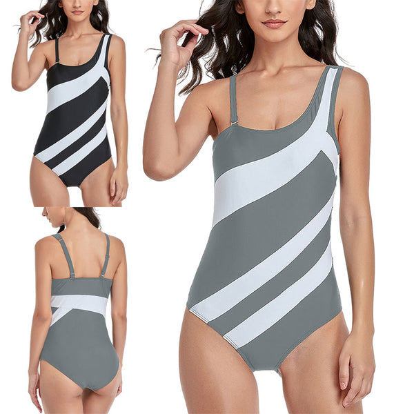 Rigidemand Women One-piece Swimming Suit Stripe Swimwear One Shoulder Beachwear Bathing Suit