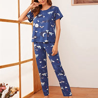 Rigidemand Women Short Sleeve Tops+Pants Round Neck Loungewear Sleepwear Outfit Graphic Print Pajama Set