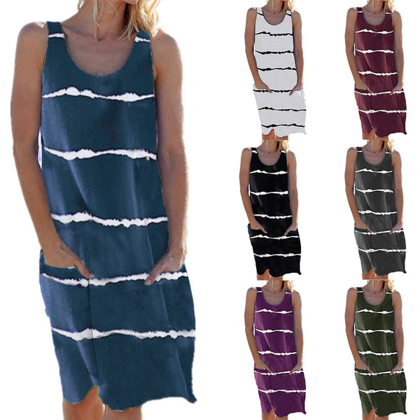 Rigidemand Women Striped Beach Slip Skirt Knee Length Sleeveless Round Neck Dress Plus Size