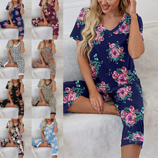Rigidemand Women Floral Pajama Set Sleepwear Tops with Capri Pants Out –  rigidemand